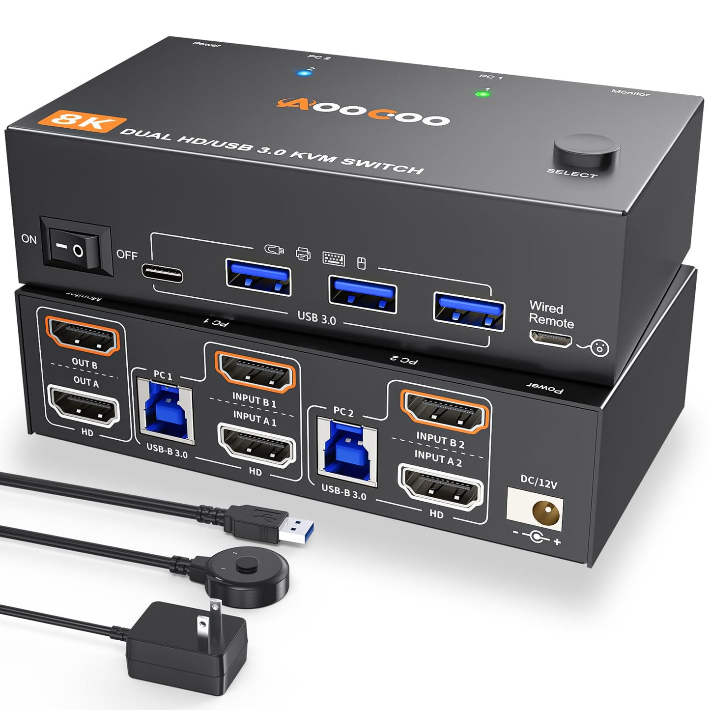 KVM Switch 2 Monitors 2 Computers 8K@60Hz/4K120Hz,HDMI USB3.0 Dual Monitors KVM Switches with 4 USB 3.0 Port,Wired Remote,USB3.0 Cables Included(8K 2