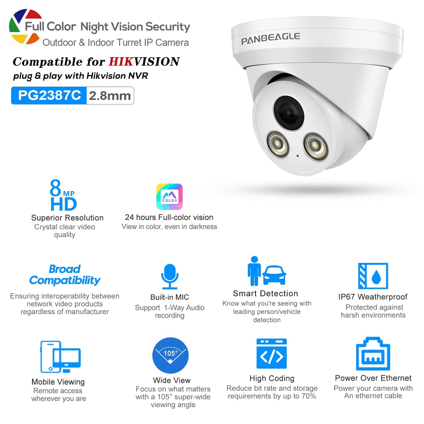 PANOEAGLE 8MP Security POE Camera, 4K IP Camera Outdoor with Human/Vehicle Detection, 24/7 Full Color Night Vision, Built-in Mic, 2.8mm Fixed F1.0