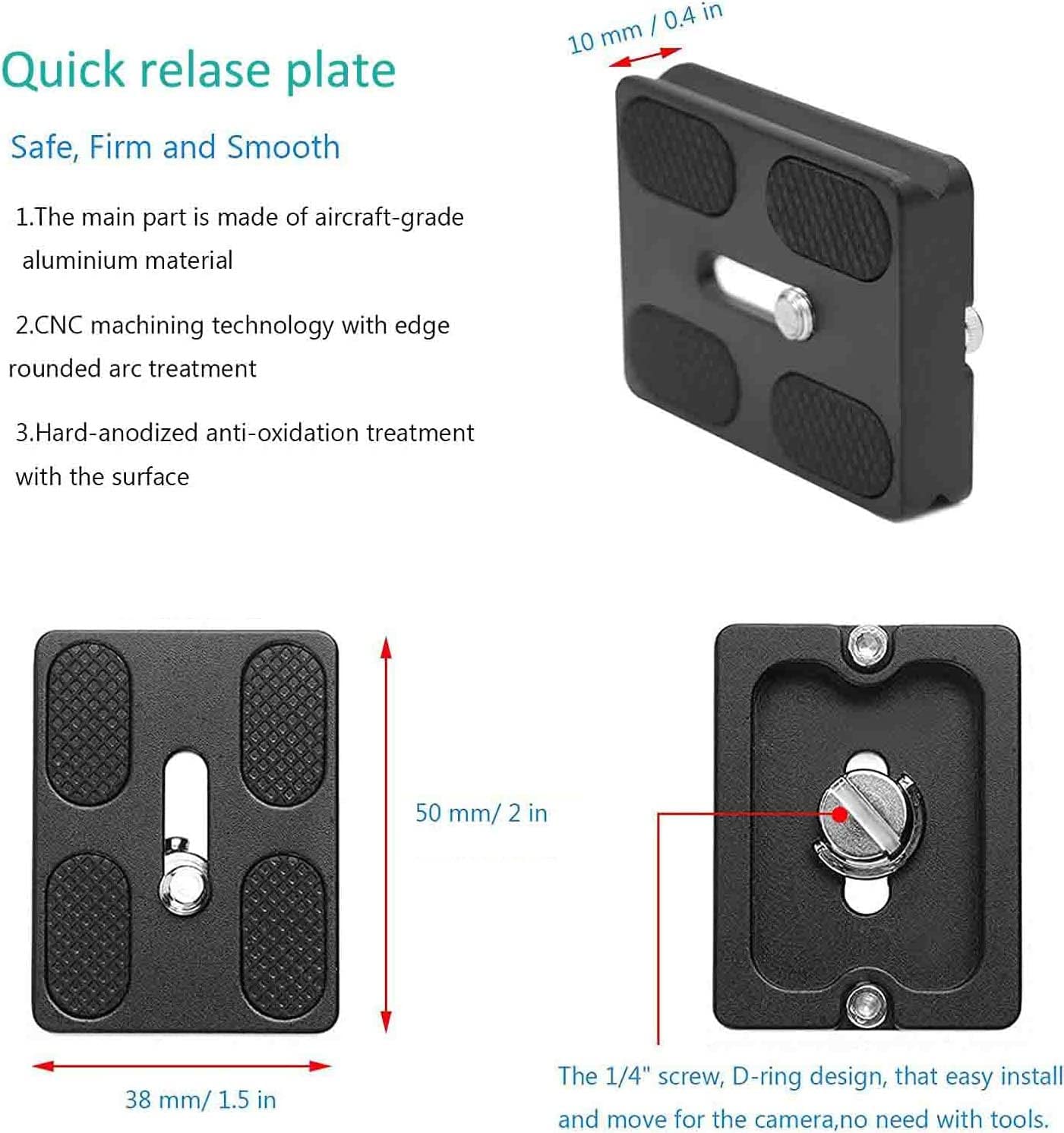 VIZEMO Camera Quick Release Plate PU50 2 Pieces QR Small Plate with 1/4"-20 Screw,Tiny Universal Quick Release Plate for Arca Swiss Standard Clamp