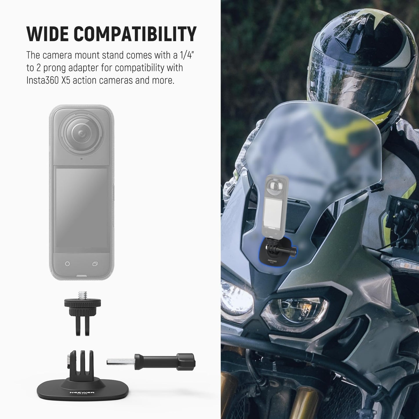 NEEWER Adhesive Mount Compatible with Insta 360 GoPro DJI AKASO Action Camera, 180° Tilt Flexible Car Helmet Holder Base Adapter for POV Video