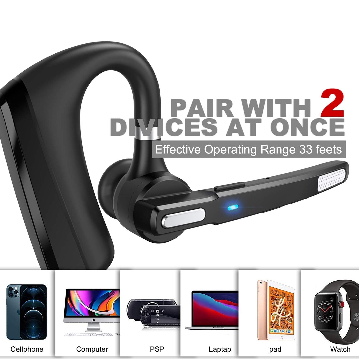 MQQC Bluetooth Headset V5.0, Wireless Bluetooth Earpiece 24Hrs HD Calling,CVC8.0 Dual Mic Noise Cancelling, Hands-Free Bluetooth Earphone