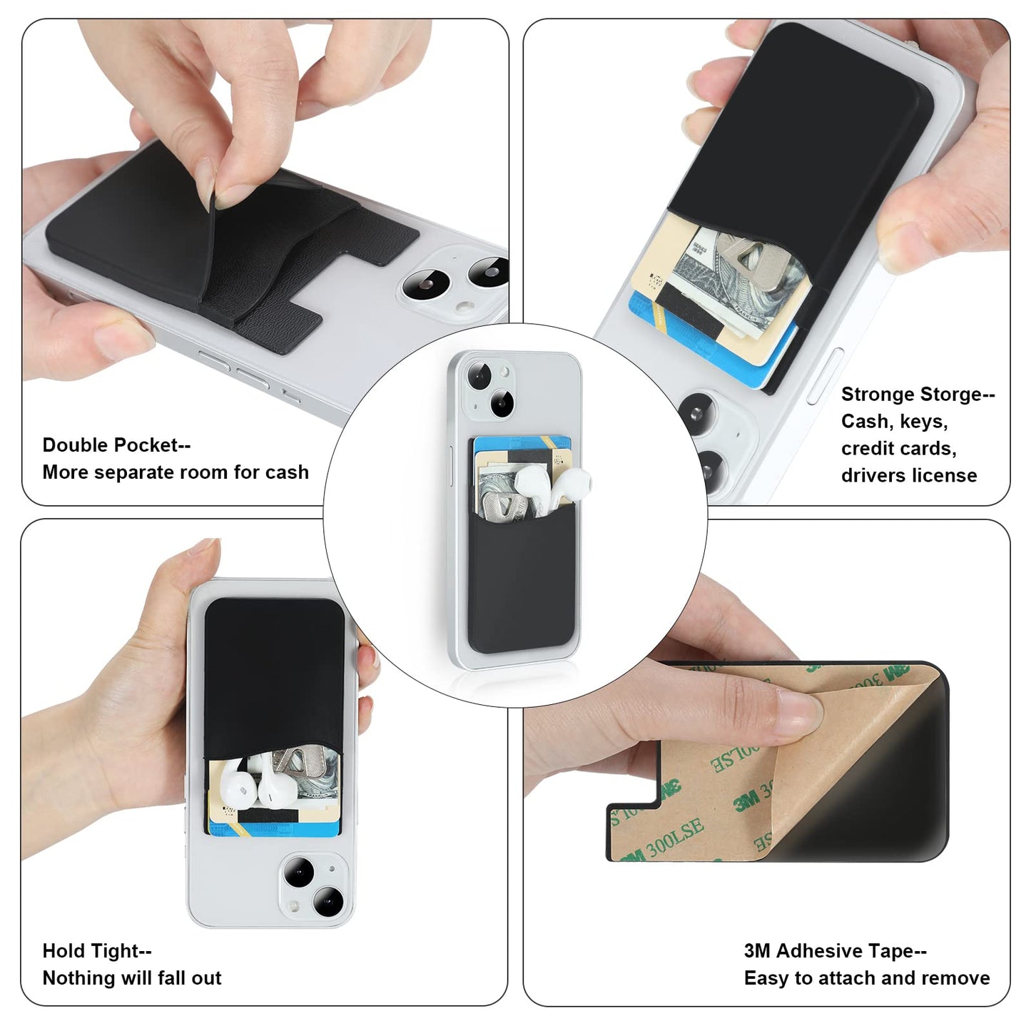 Zemexy Phone Wallet Stick on,5Pack Phone Card Holder for Back of Phone Case,Silicone Sticky Credit Card Holder for Cell Phone Double Pocket Sticker