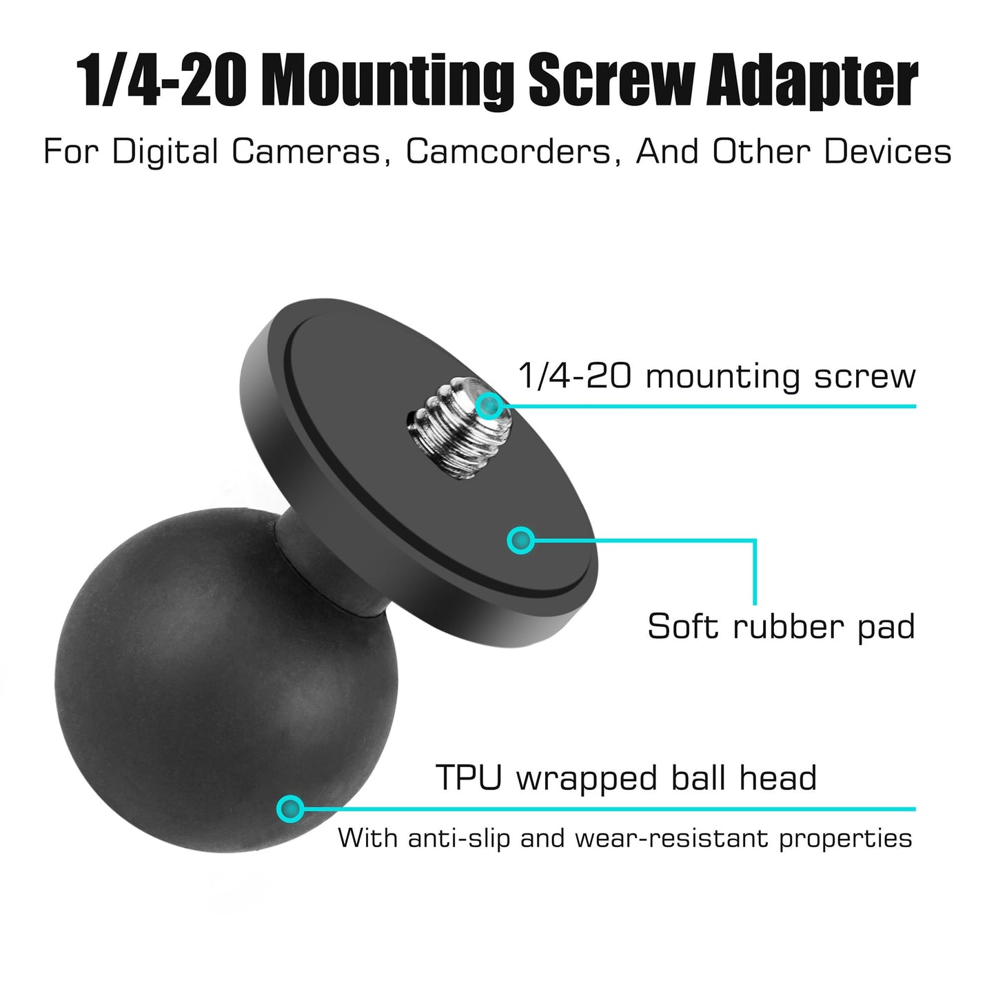 GEPULY 2pcs 1''/25mm Ball Head Mount 1/4"-20 Threaded Stud+Tripod Adapter for Gopro Hero Series/AKASO/Insta360/DJI OSMO Action Camera, Fit RAM Ball