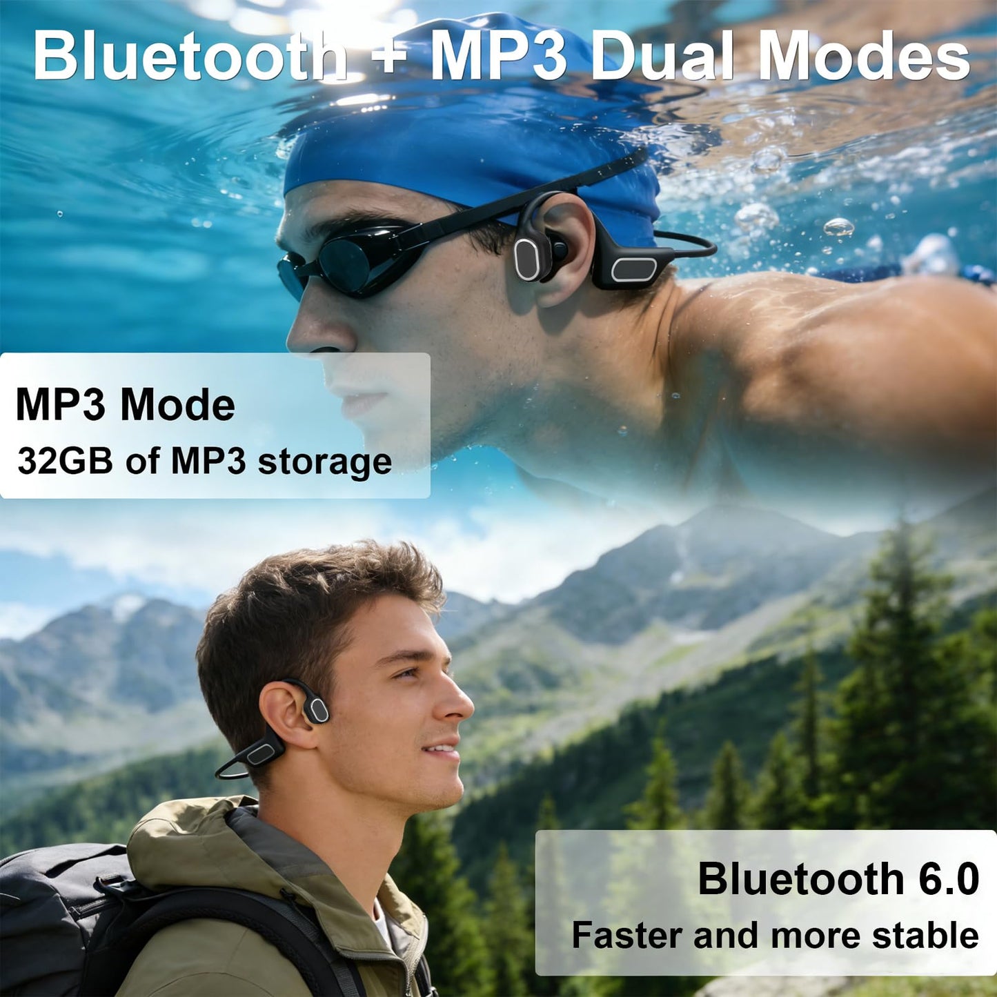 Fanisic Swimming Headphones/Earbuds, Bluetooth 6.0 & MP3 with 32GB Memory IP68 Waterproof Bone Conduction Headphones, Underwater Open Ear Headphones