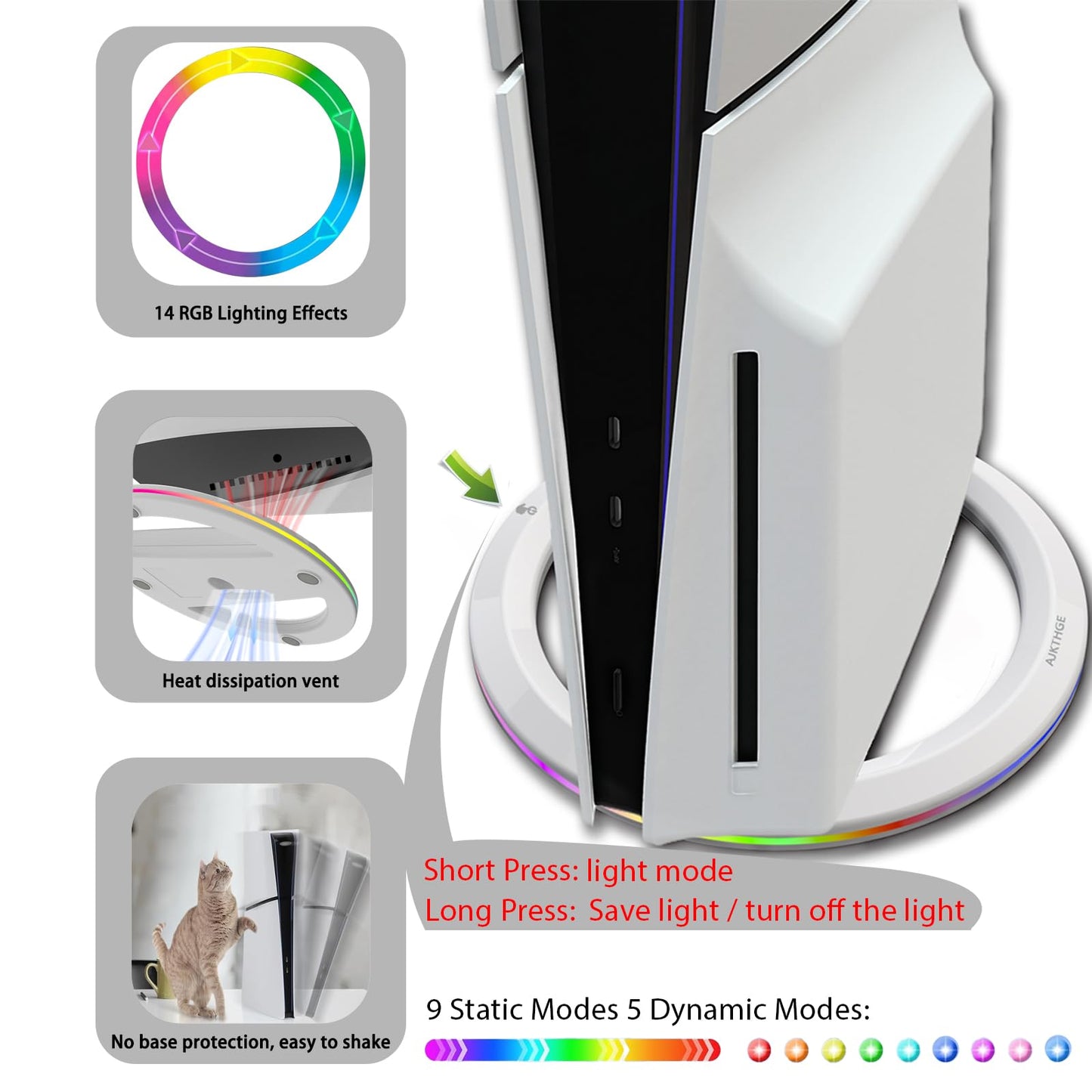 AJKTHGE RGB Vertical Stand for PS5/PS5 Slim/PS5 Pro Console - Compatible with PS5/PS5 Slim/PS5 Pro Disc and Digital Edition, LED RGB Base Stand