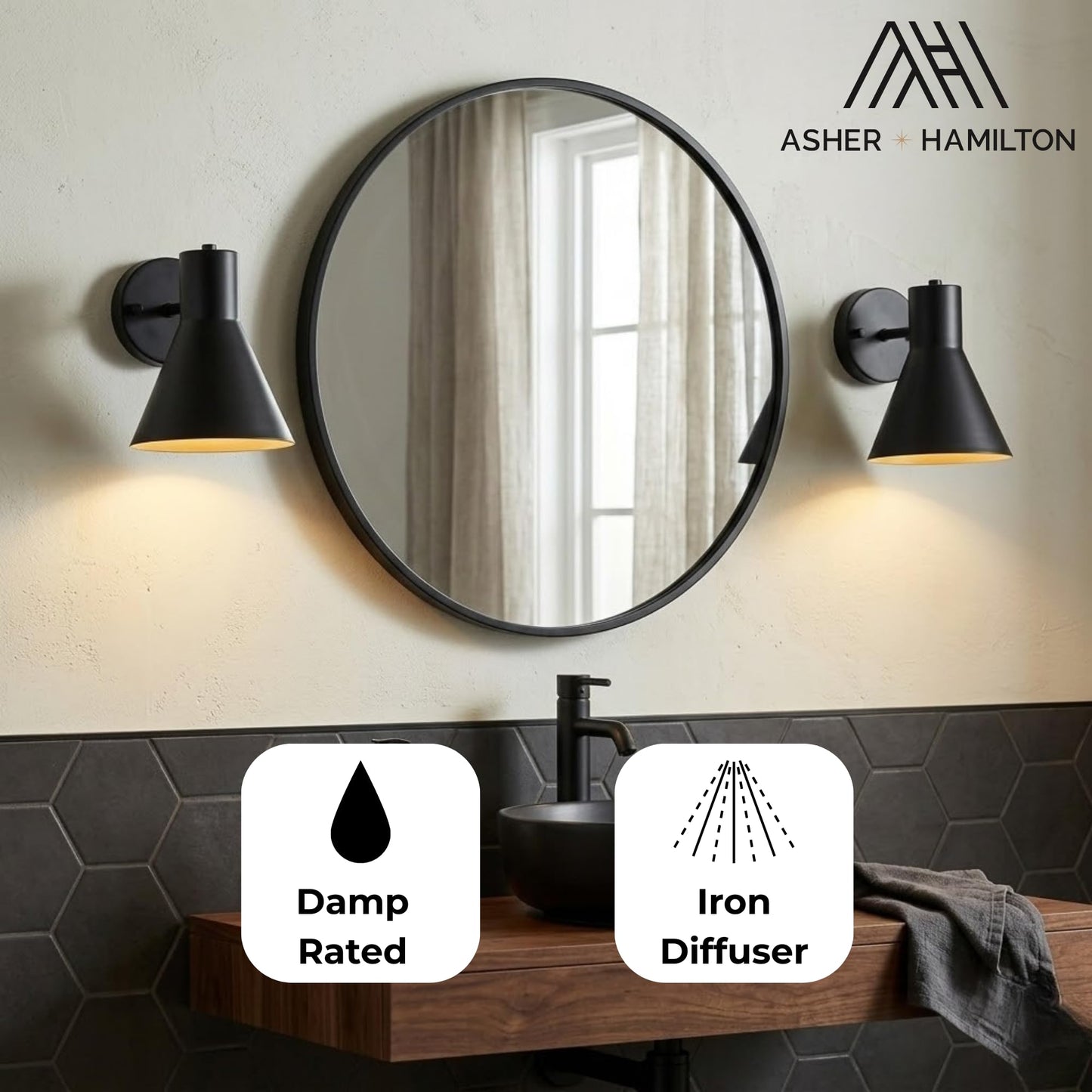 Asher Hamilton AHW-202BK Forge 8.38 Inch Wall Sconce | Dimmable E26 Medium Base Bulb Required Sold Separately | Modern Wall Light Fixture | Damp Rated