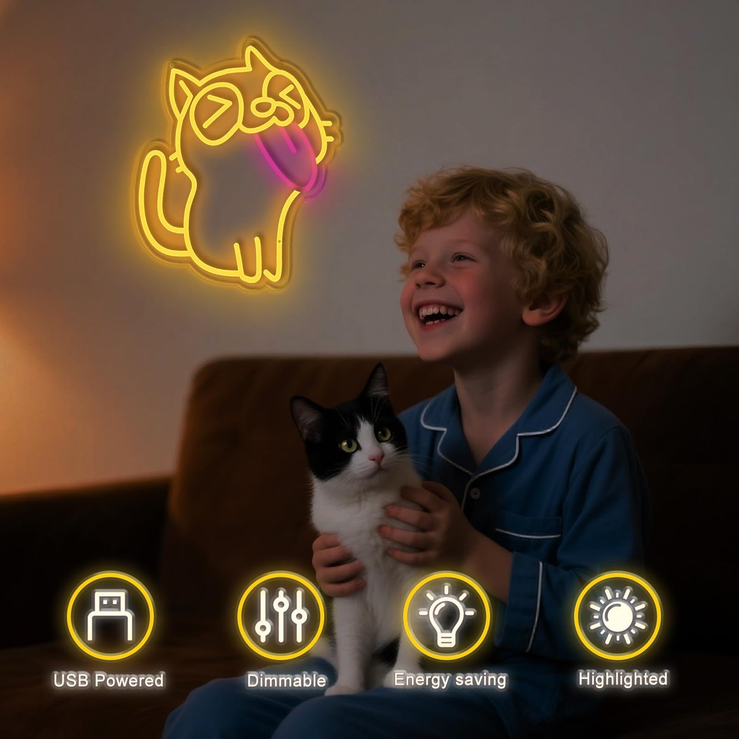 MelbDfei Cute Dimmable Neon Light Cat Wall Light with Heart Paw for Bedroom, Wall Decor, Gifts for Girls, Kids Room, or Cat Lovers (Tongue Out Cat)