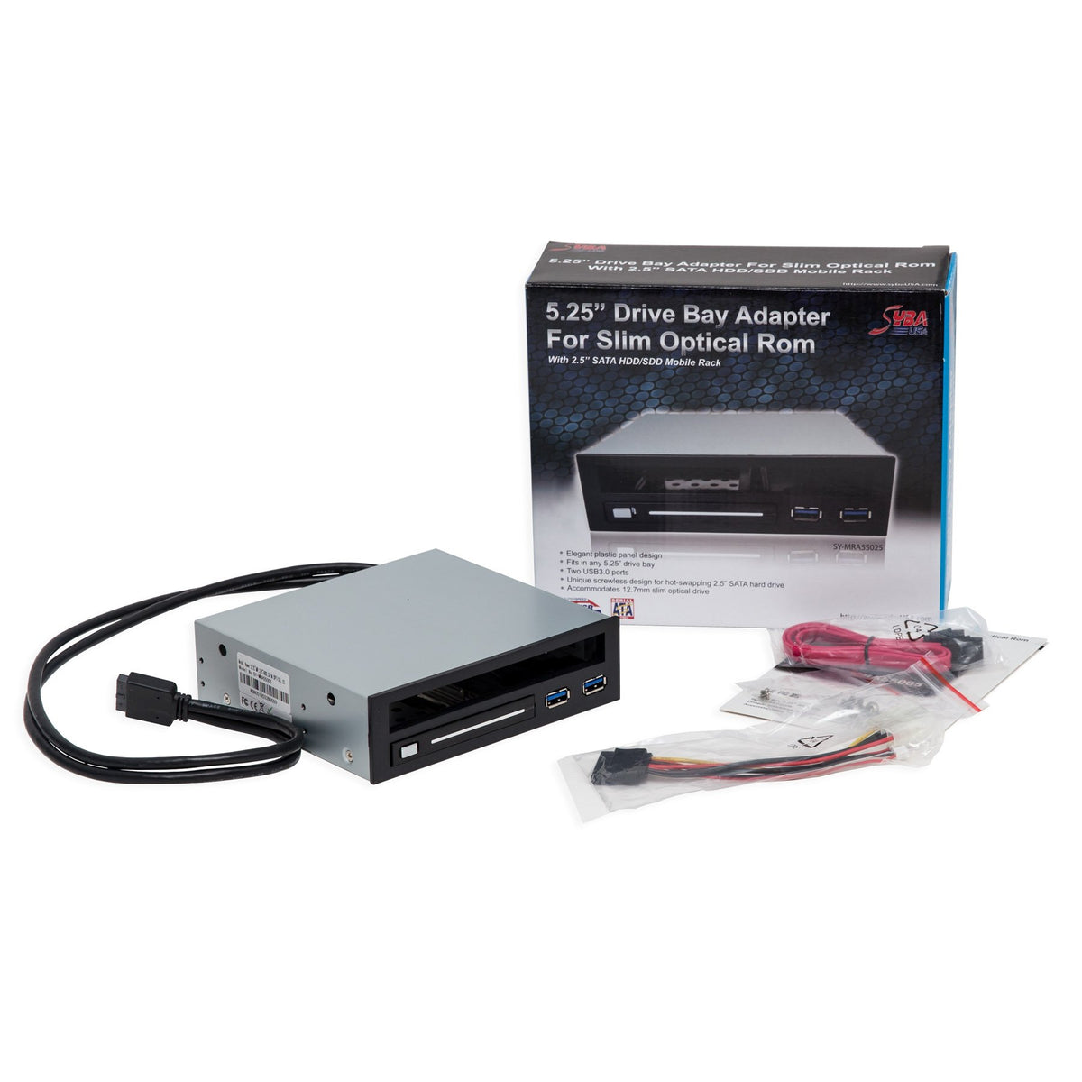 Syba 5.25" Bay Adapter for Slim Optical Drive, 2.5" Trayless Rack for Hard Drives HDD SSD, USB Hub - SY-MRA55005