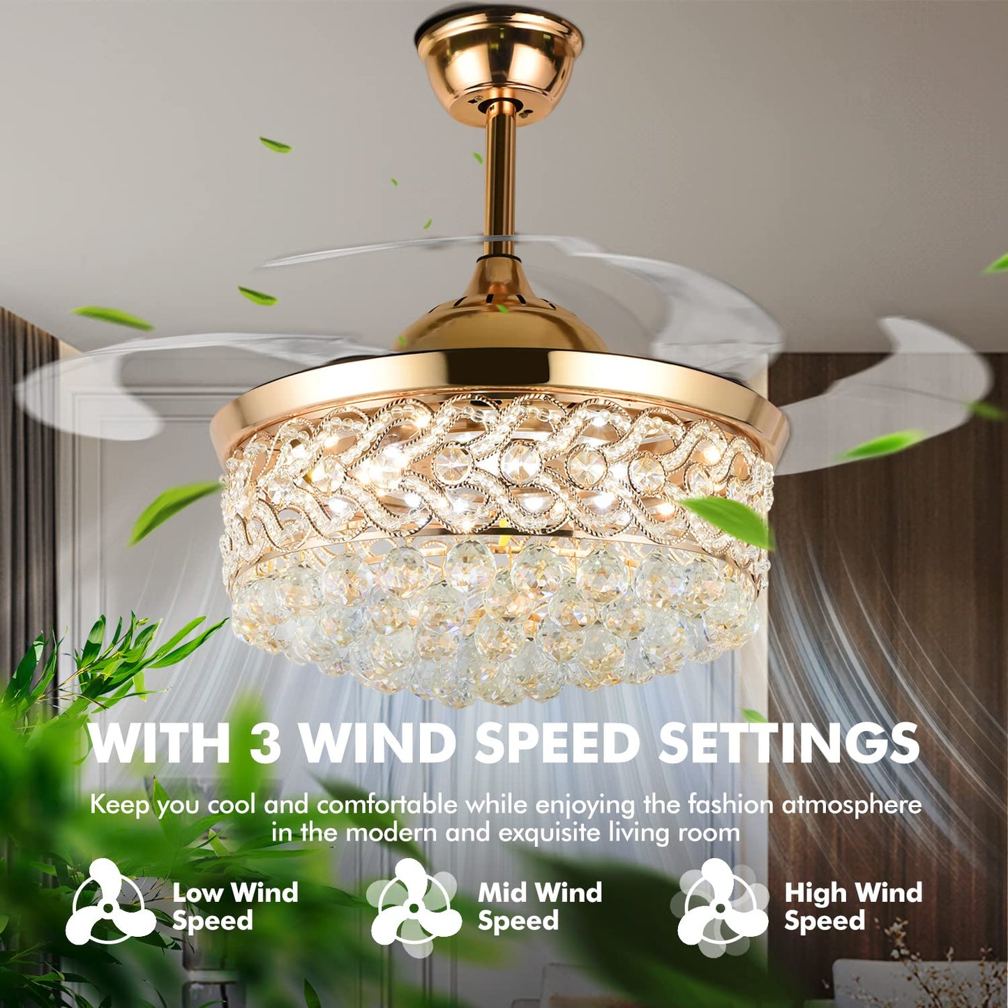 KPIBEST 42 inch Crystal Ceiling Fan with Light and Remote Control, Invisible Retractable Chandelier Ceiling Fans Lighting with 3 Lights Level and 3