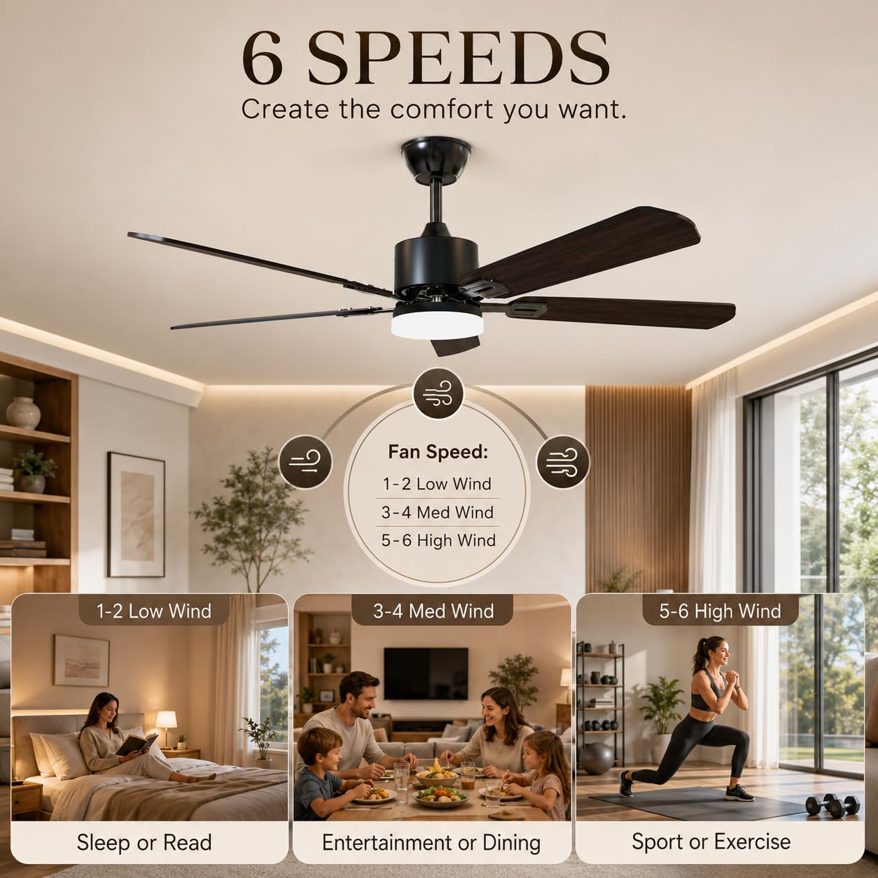 STANDLE 42 Inch Ceiling Fans with Lights and Remote Control, Black