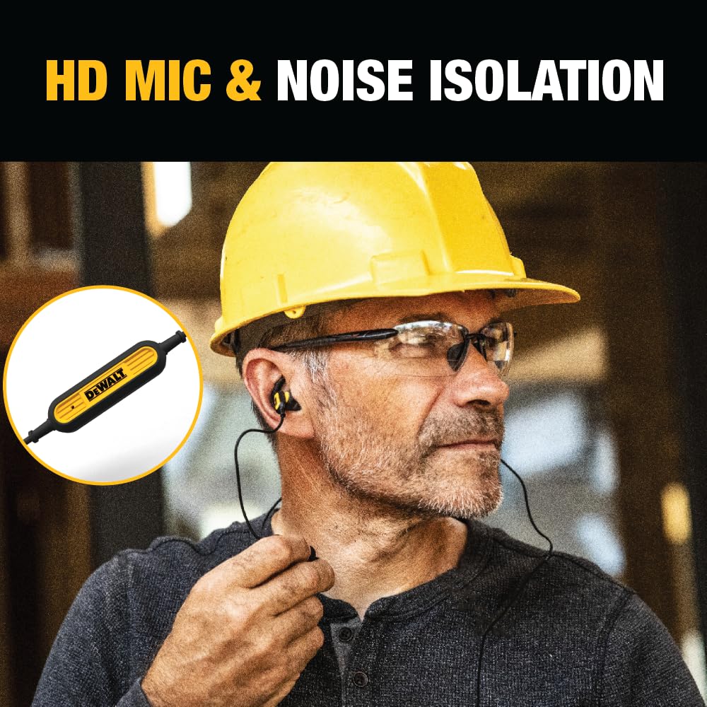 DEWALT Heavy Duty Wired Earphones with Microphone, Jobsite Earbuds Wired 3.5mm, Water-Resistant 3.5mm Earbuds with Mic, Connected Headphones