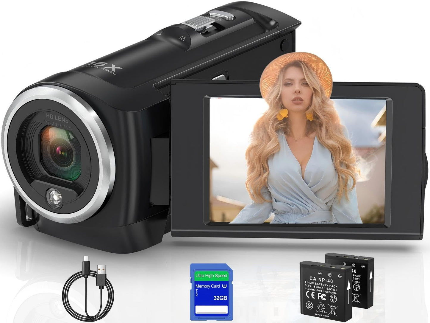 Muitune Camcorder Video Camera QHD 2.7K 56MP 16X Digital Zoom Vlogging Camera with LED Fill Light for YouTube, 2.8 Inch 270 Degree Rotation LCD Screen