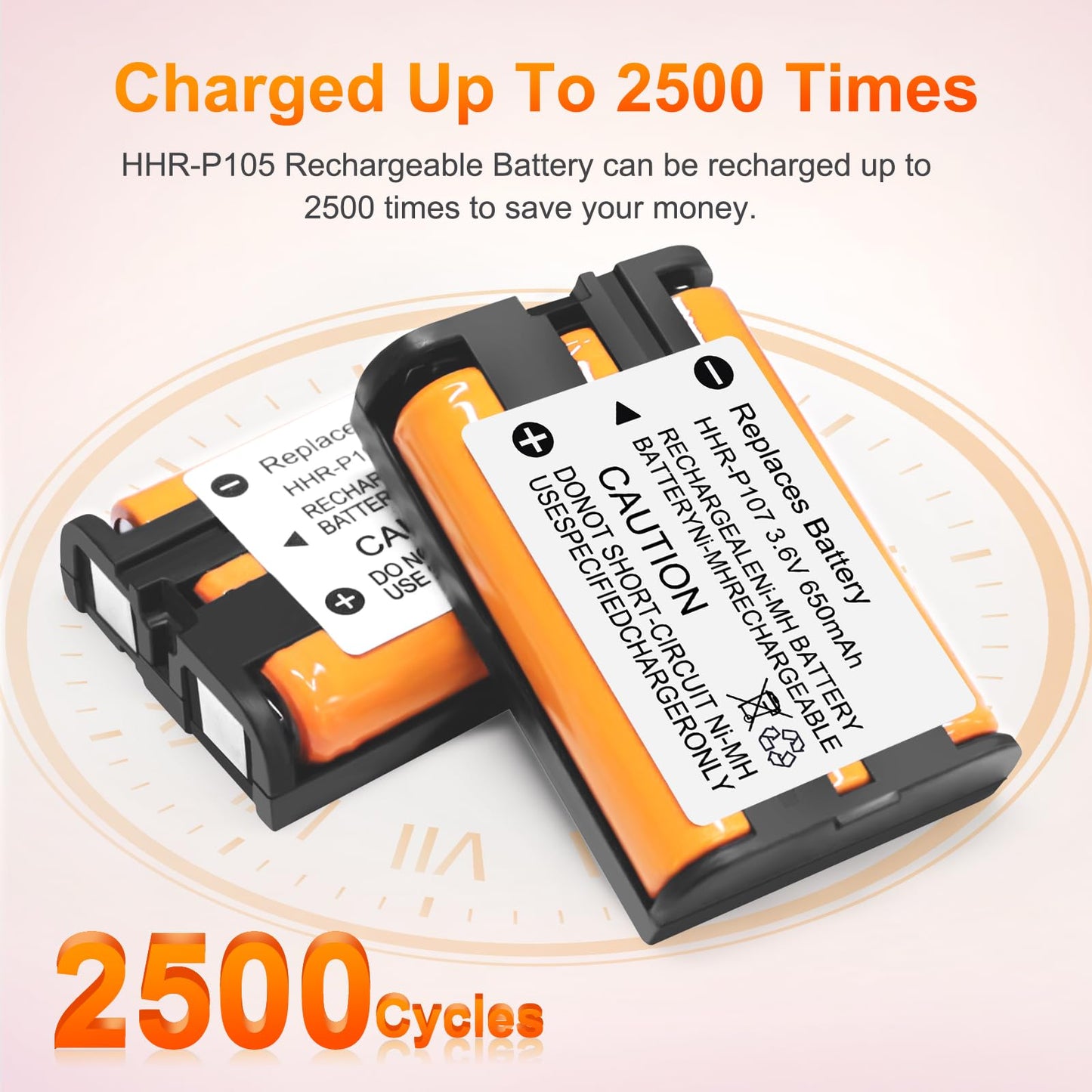 EOCIK 2PACK HHR-P107 NI-MH Rechargeable Battery 3.6V 650mAh Replacement Batteries for Panasonic Cordless Phone