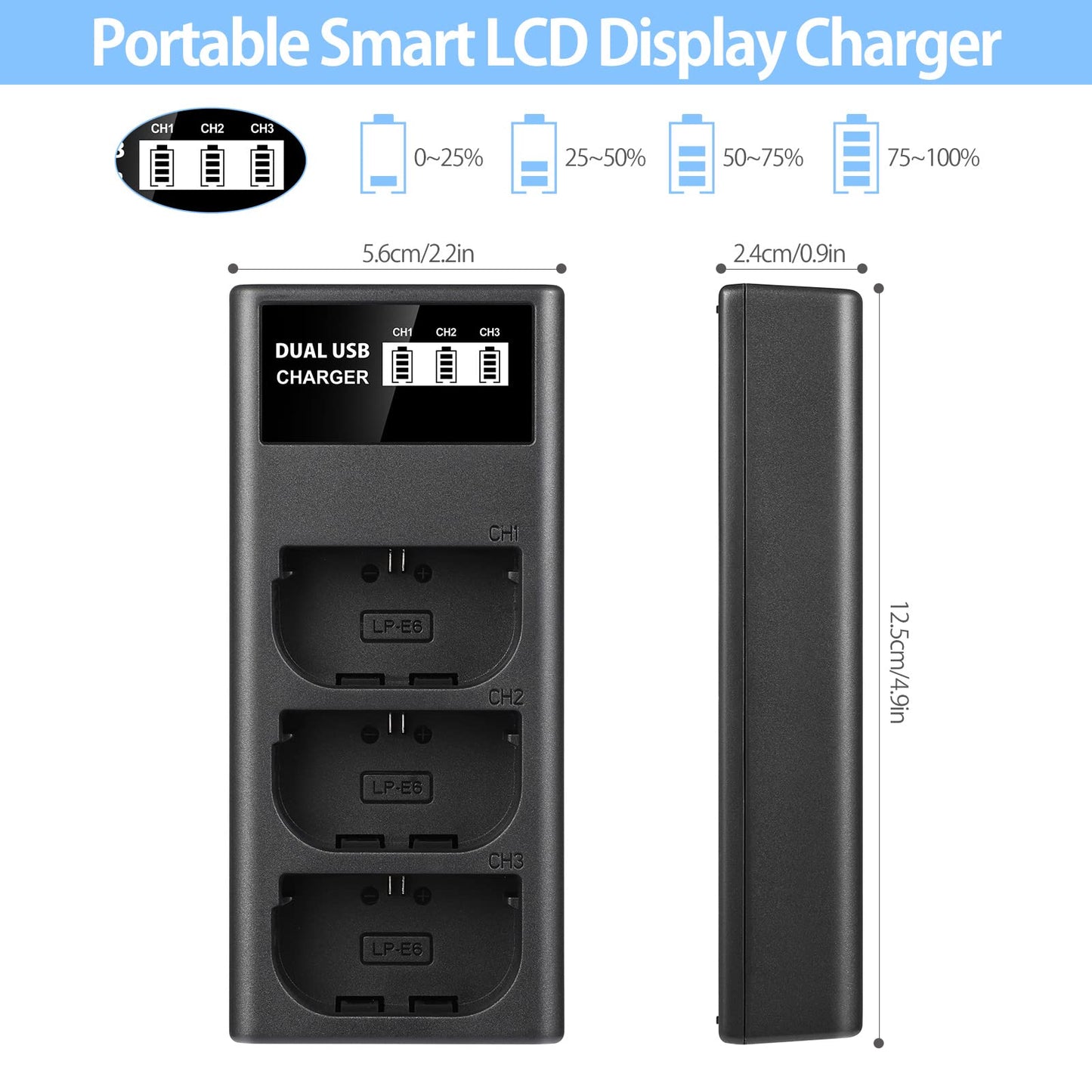 ENEGON LP-E6 LP-E6N LP-E6NH Triple Slot LCD USB Charger for Canon EOS 5D Mark II III and IV, 70D, 5Ds, 6D, 5DsR, 80D, 7D, and 7D Mark II, EOS 60D
