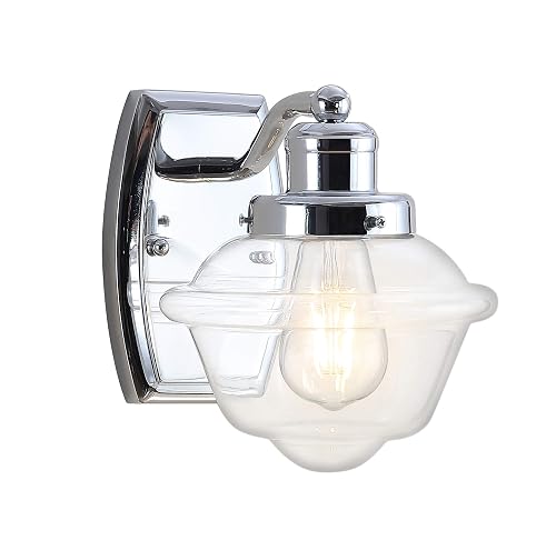 JONATHAN Y 7" Chrome 1-Light Schoolhouse LED Vanity Light, Mid-Century Wall Sconce for Bathroom Kitchen Hallway, Clear Glass Shade, 2700K LED Bulb