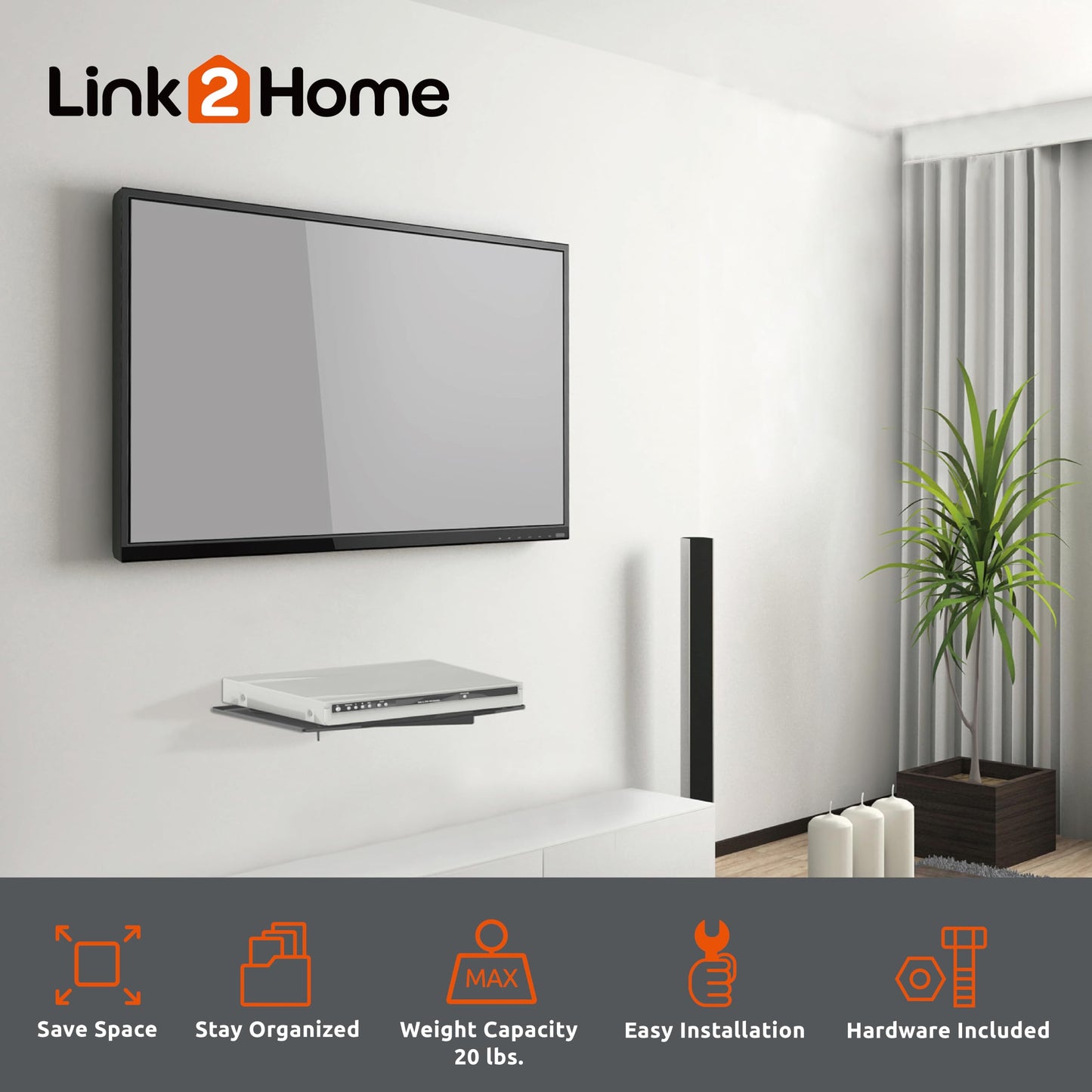 Link2Home Commercial Electric Series Tempered Glass Floating Entertainment Shelf, up to 20 lbs., Ideal for Streaming Devices and All TV Accessories