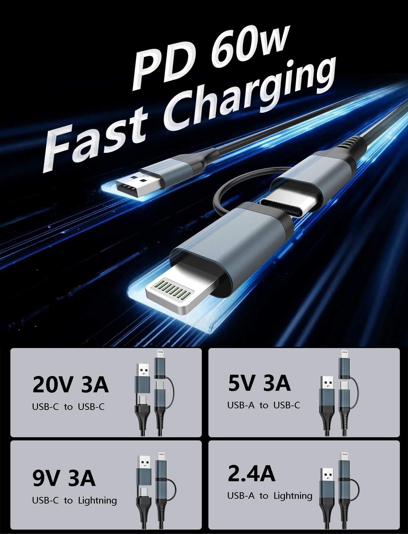 Coiled USB-C and Lightning Cable 2-in-1 with Dual Port (USB-C/USB-A) - 4ft Retractable Car Charger Cord for iPhone Android, Apple CarPlay & Auto…