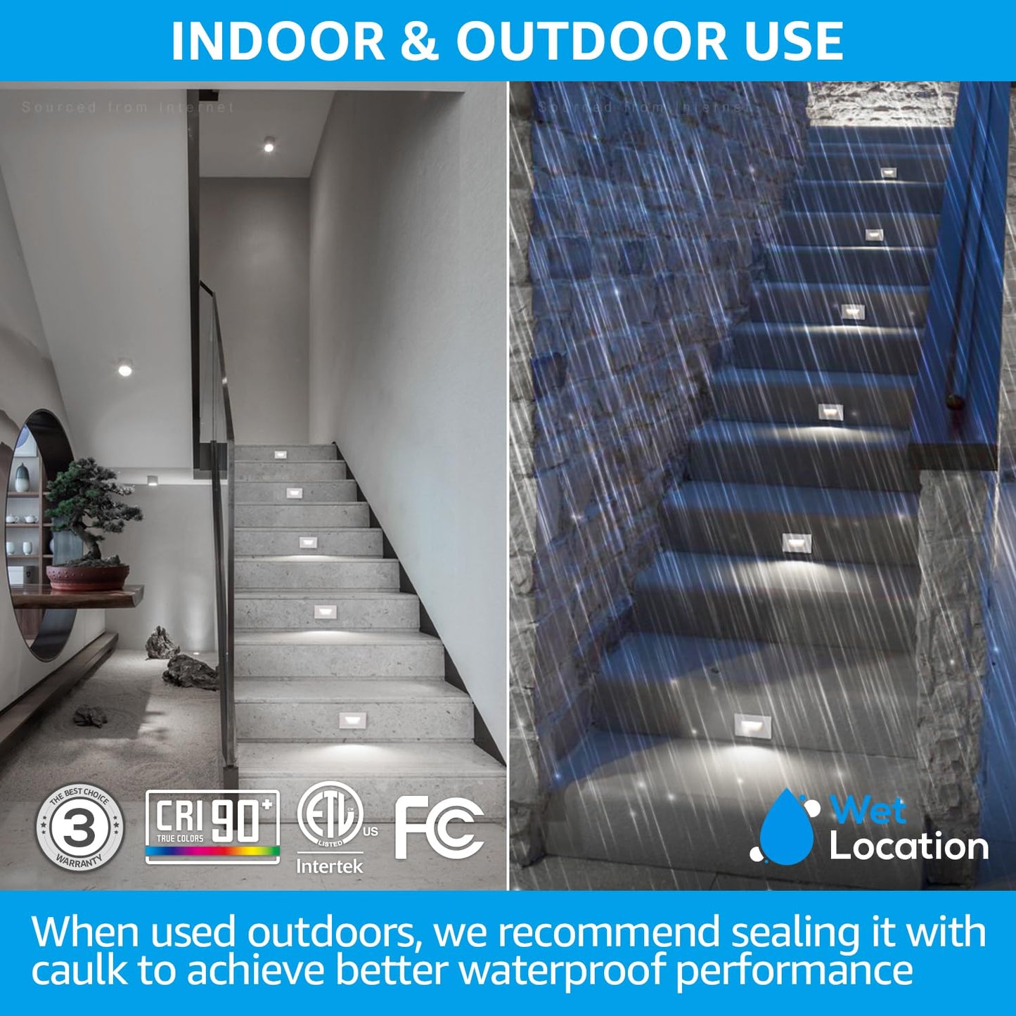 LEONLITE 5CCT 120V LED Step Lights, 3.5W 5%-100% Dimmable Stair Lights Indoor Outdoor Wet Location, CRI90, ETL, Aluminum, 150LM, Horizontal