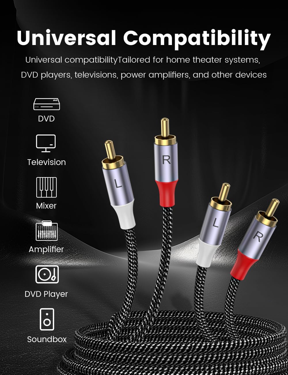 MOSWAG RCA Male to RCA Male Stereo Auxiliary Audio Cable - 3.28ft/1M, 24K Gold Plated Nylon Braided for Home Theater, Audio, HDTV, Car Stereo