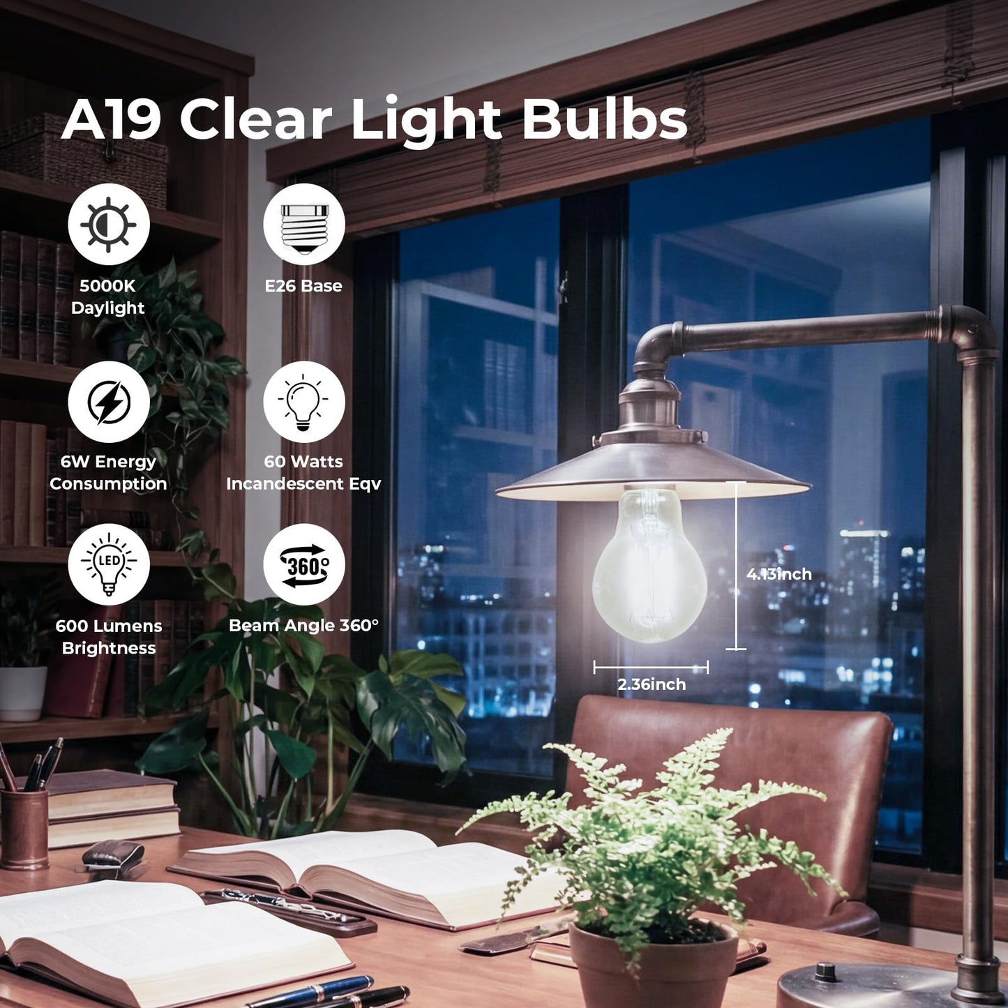 A19 E26 LED Light Bulbs 60 Watt Equivalent, Dimmable Edison Bulbs 5000K