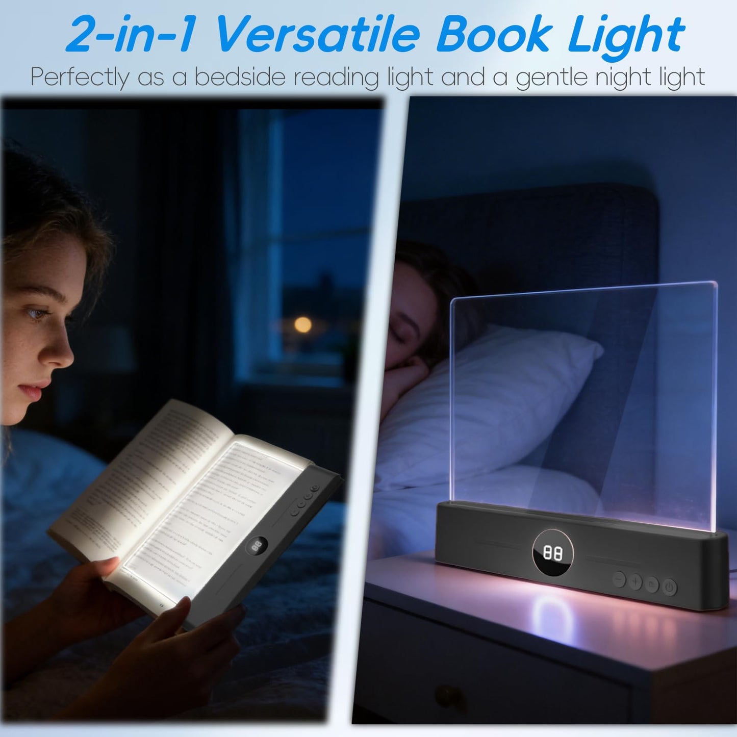 TFFUAM LED Book Light and Night Light 2 in 1, USB Rechargeable Clear Flat Book Light with 3 Colors & Timer, Dimmable Book Lights for Reading at Night