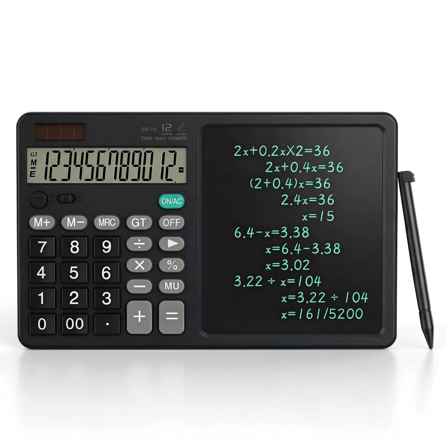 Desk Calculator with Erasable Writing Pad, 12-Digit Wide Screen Display, 100,000+ Reusable LCD Notepad, One-Click Clear & Lock Function, Solar