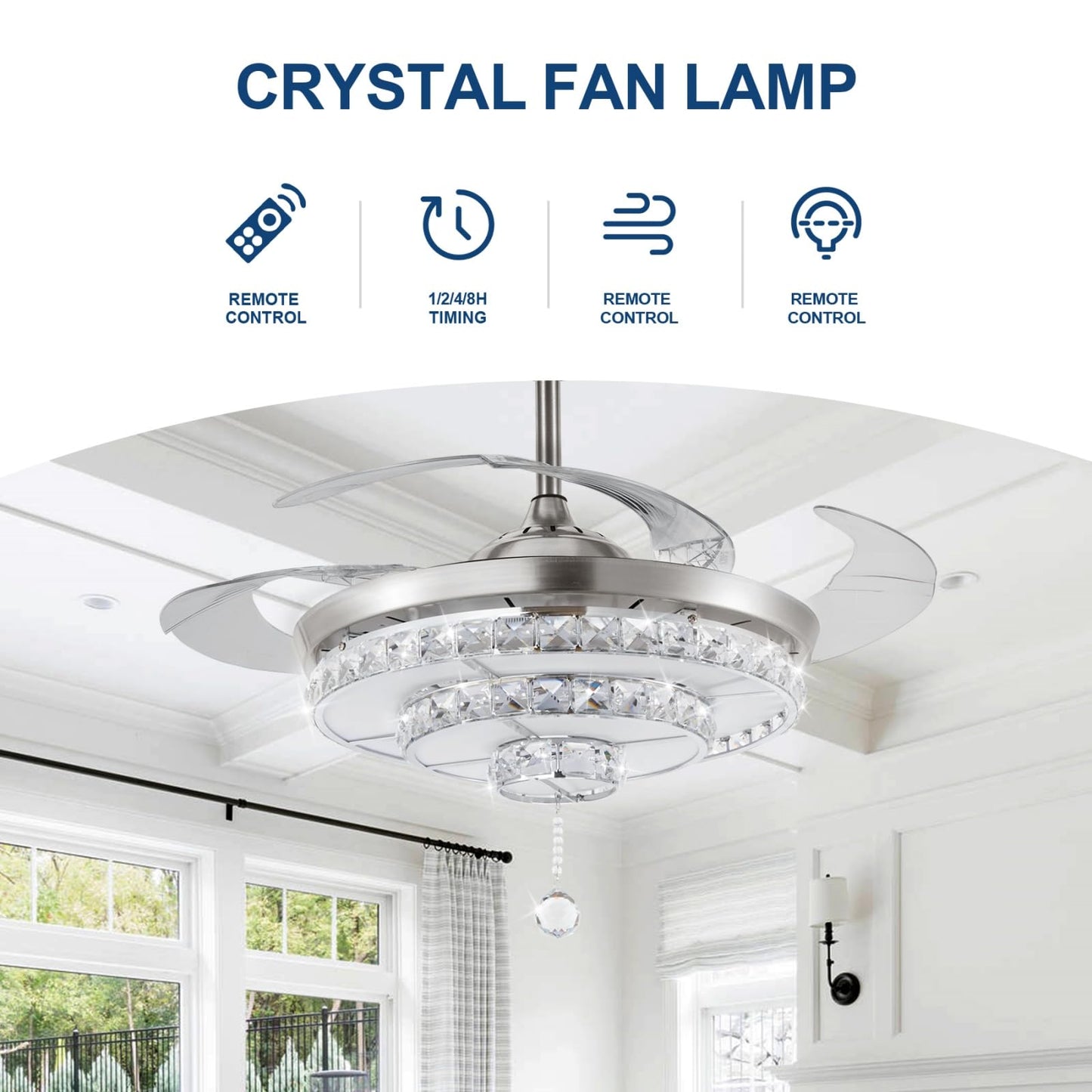 efperfect 42" Crystal Ceiling Fan with Lights, Retractable Modern Chrome Fandelier, Remote 3 Speeds 3 Color Changes Noise-Free Ceiling Fan