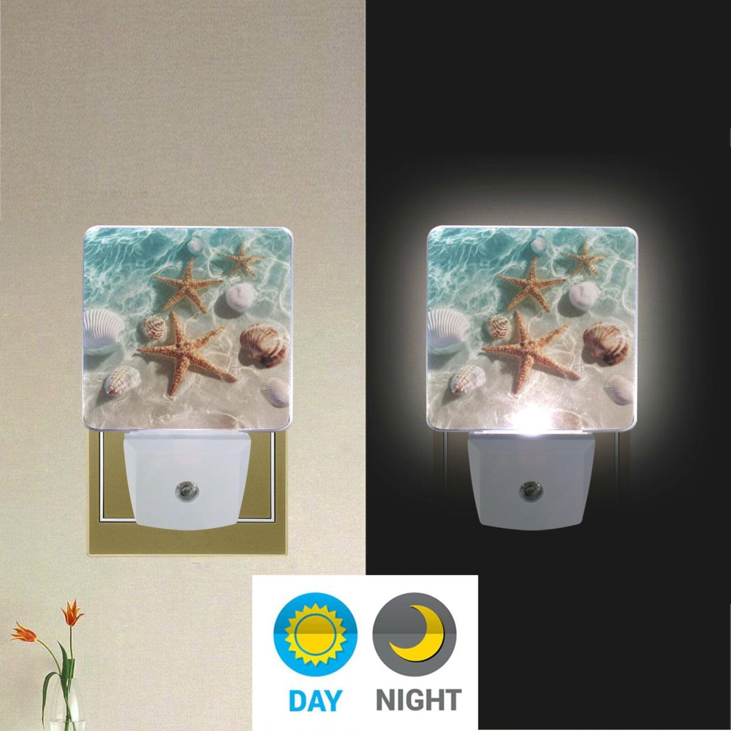 Vdsrup Summer Beach Starfishs Night Light Set of 2 Seashells Ocean Sea Plug-in LED Nightlights Auto Dusk-to-Dawn Sensor Lamp for Bedroom Bathroom
