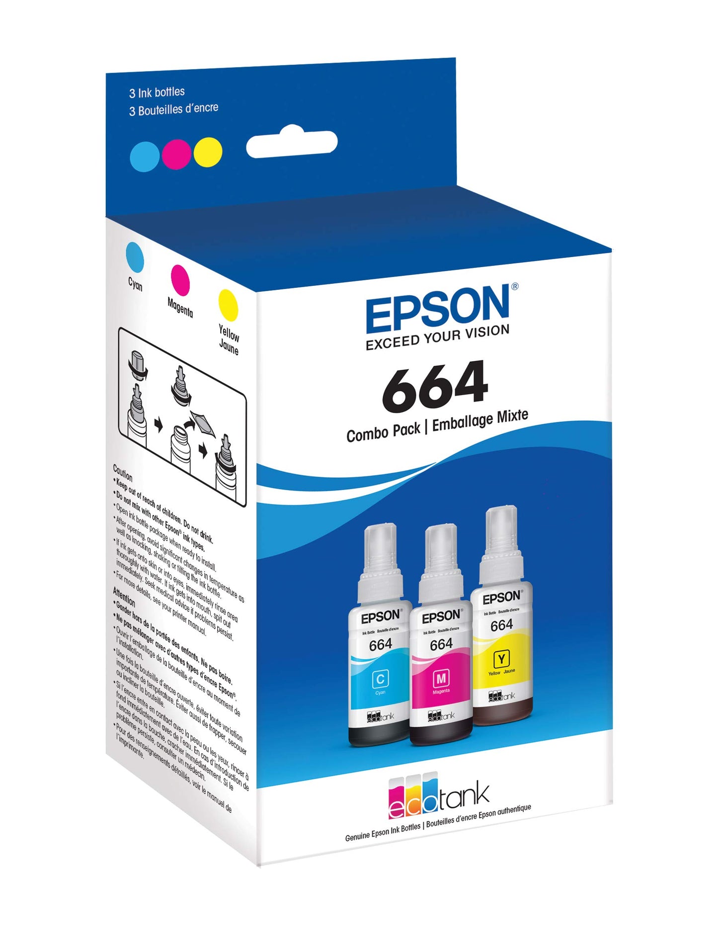 EPSON 664 EcoTank Ink Ultra-high Capacity Bottle Three Color CMY Combo Pack (T664520-S) Works with ET-2500, 2550, 4500, 4550, 2600, 2650, 3600, 16500