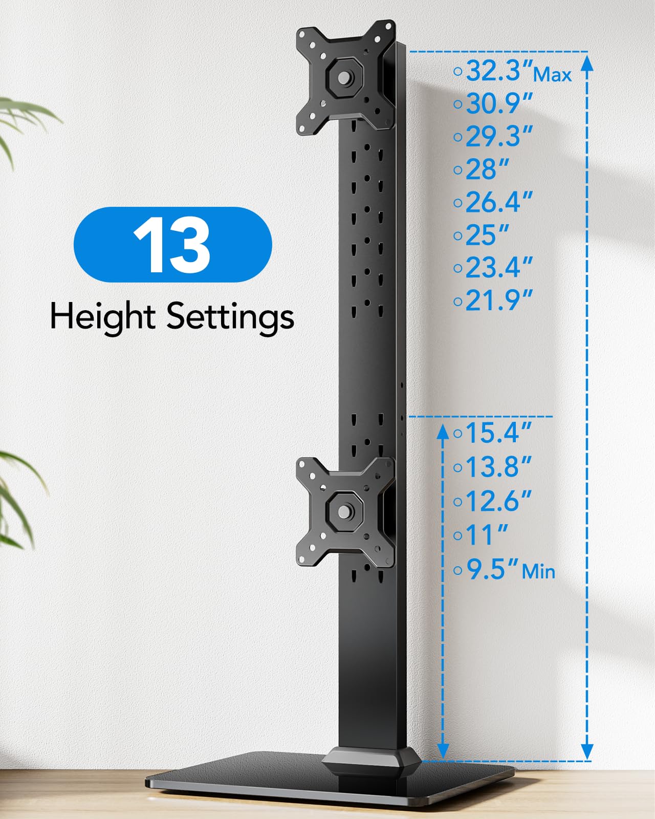HUANUO Dual Monitor Stand for 13 to 34 Inch, Max Load 44 lbs, Vertical Monitor Mount, Freestanding Monitor Riser with Swivel, Tilt, Rotation, 13