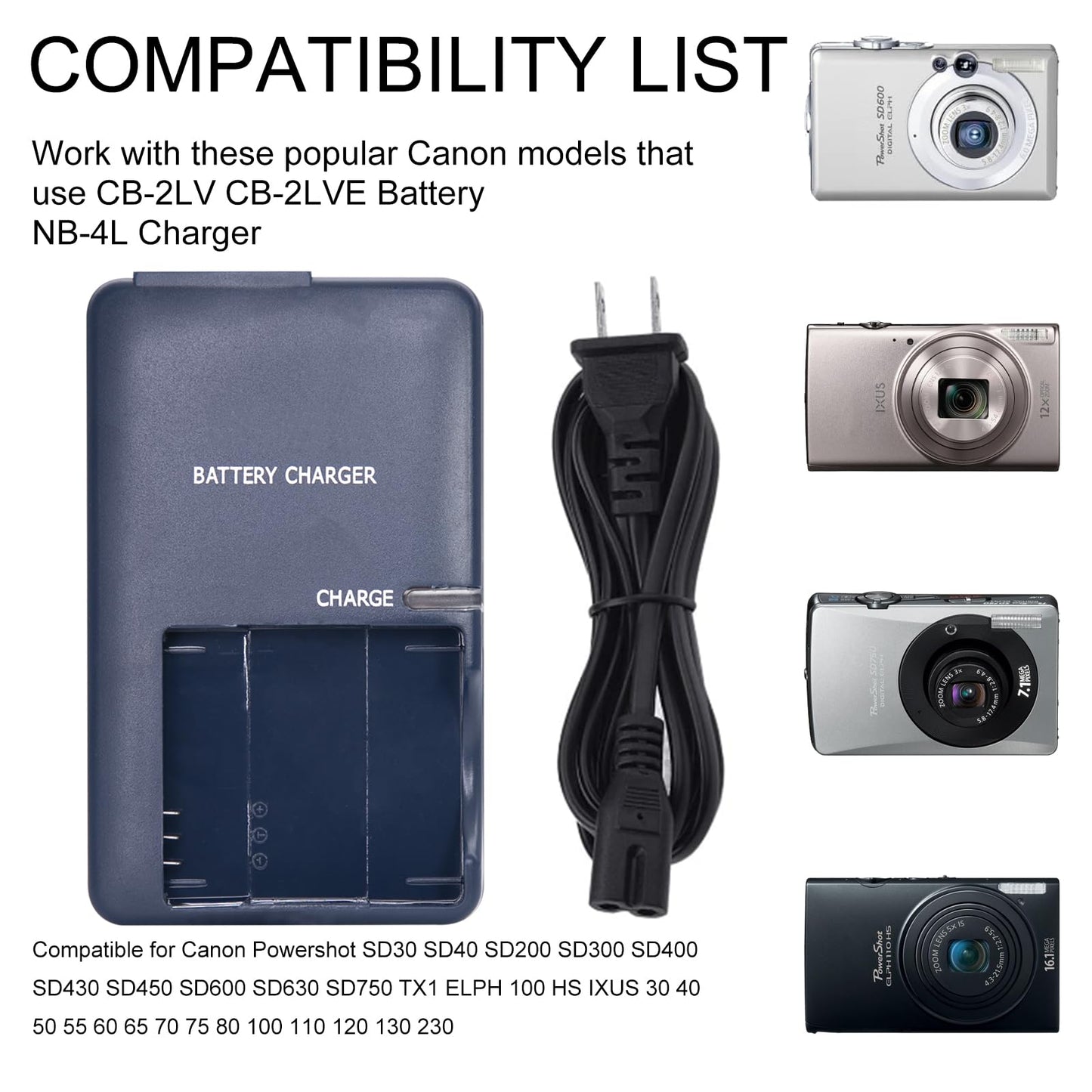 CB-2LVE CB-2LV Quick Battery Charger for Canon NB-4L Battery Compatible Canon PowerShot ELPH 100 HS,300 HS,330 HS,SD400,SD600,SD750,SD780 is,SD960