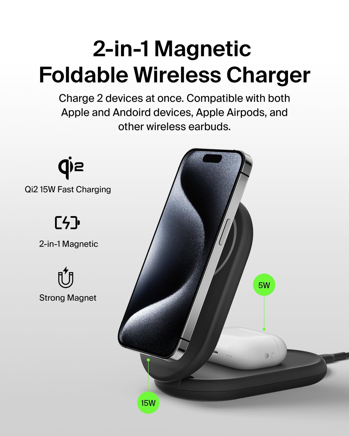 Belkin MagSafe-Compatible Charger, 2-in-1 Magnetic Foldable Charger 15W - Qi2-Certified Wireless Charging for Apple iPhone 16, Apple Watch, Samsung