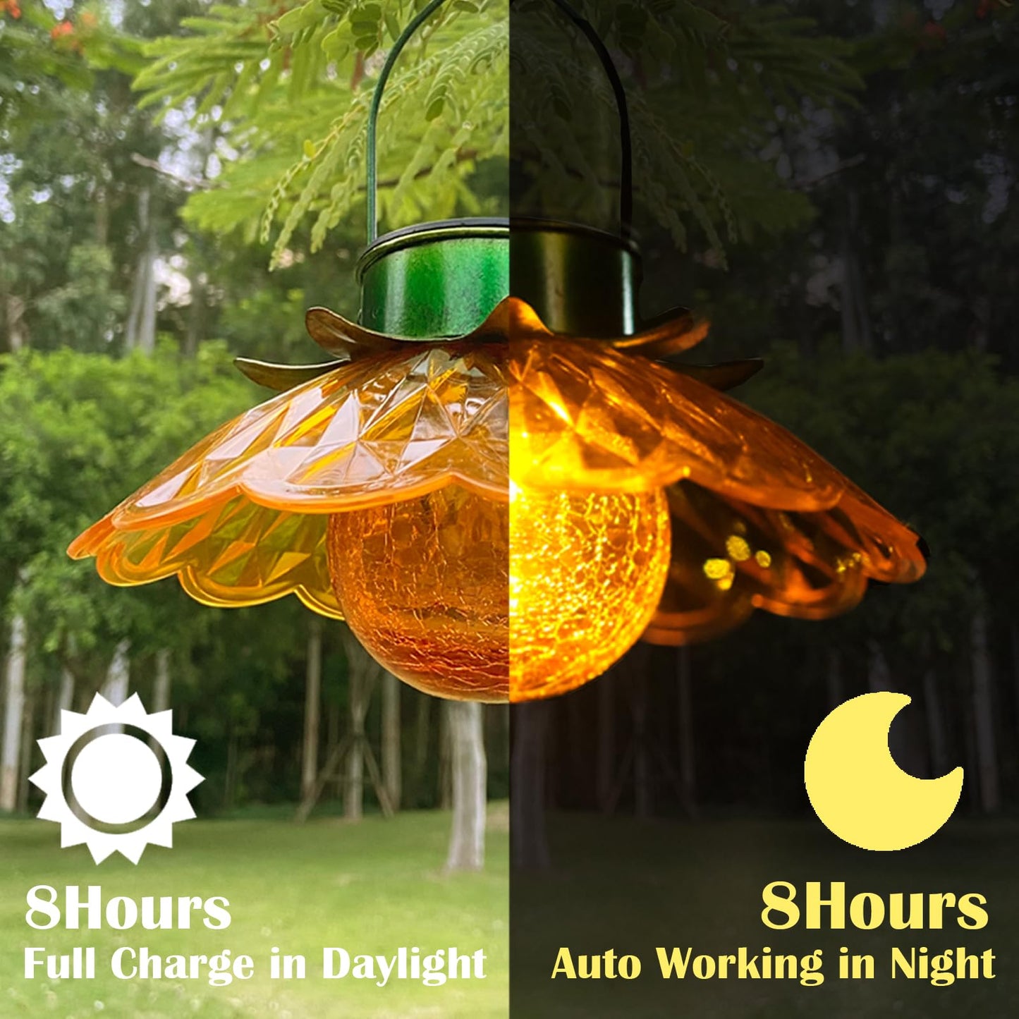 XUWEN Hanging Solar Lantern Outdoor - Yellow Solar Flower Lights with Crackle Globe Glass, Hanging Lanterns Decorative Outdoor for Walkway Pathway