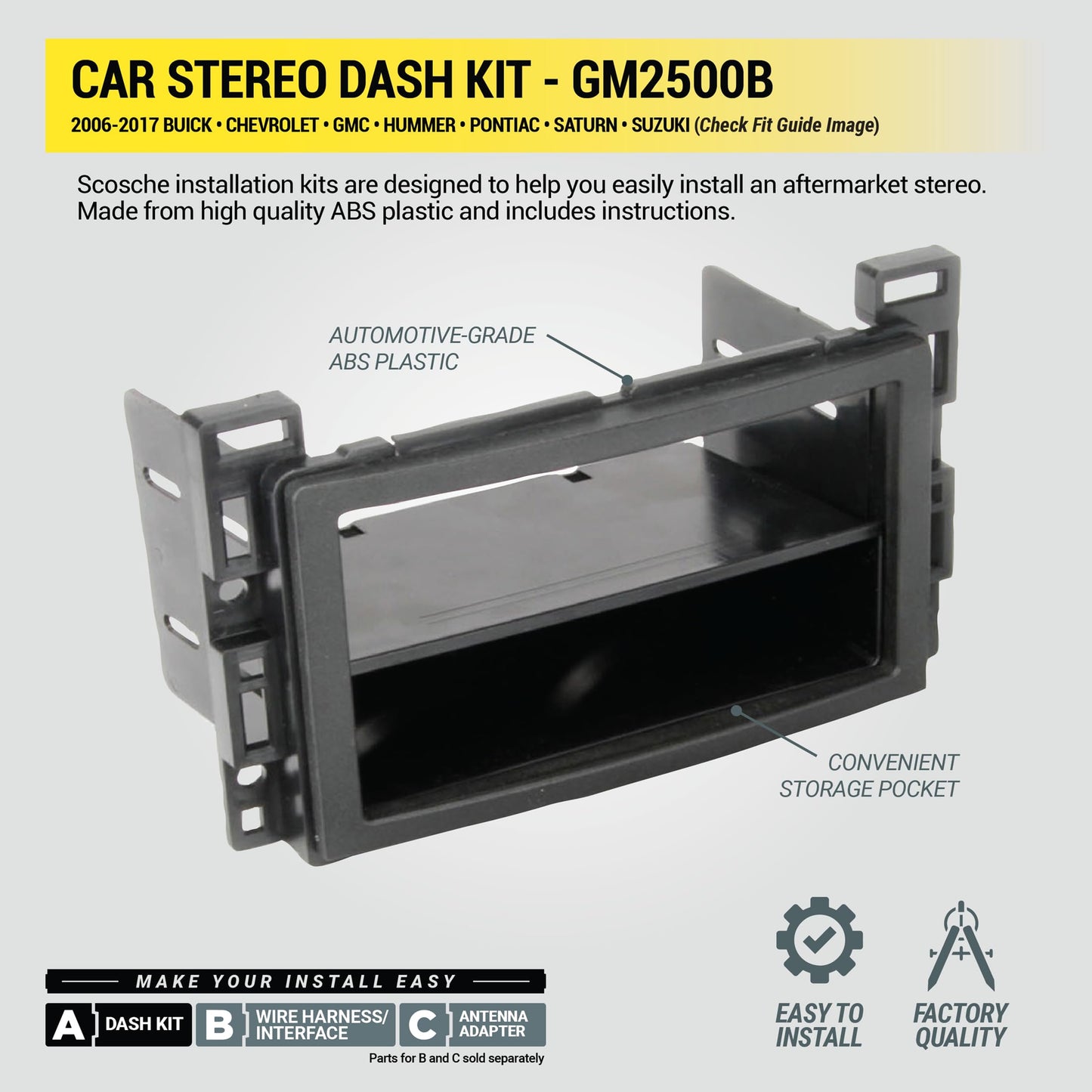Scosche GM2500B Double DIN or Single DIN with Pocket Radio Installation Dash Kit Compatible with Select 2004-2021 GM Vehicles - Car Stereo Install Kit