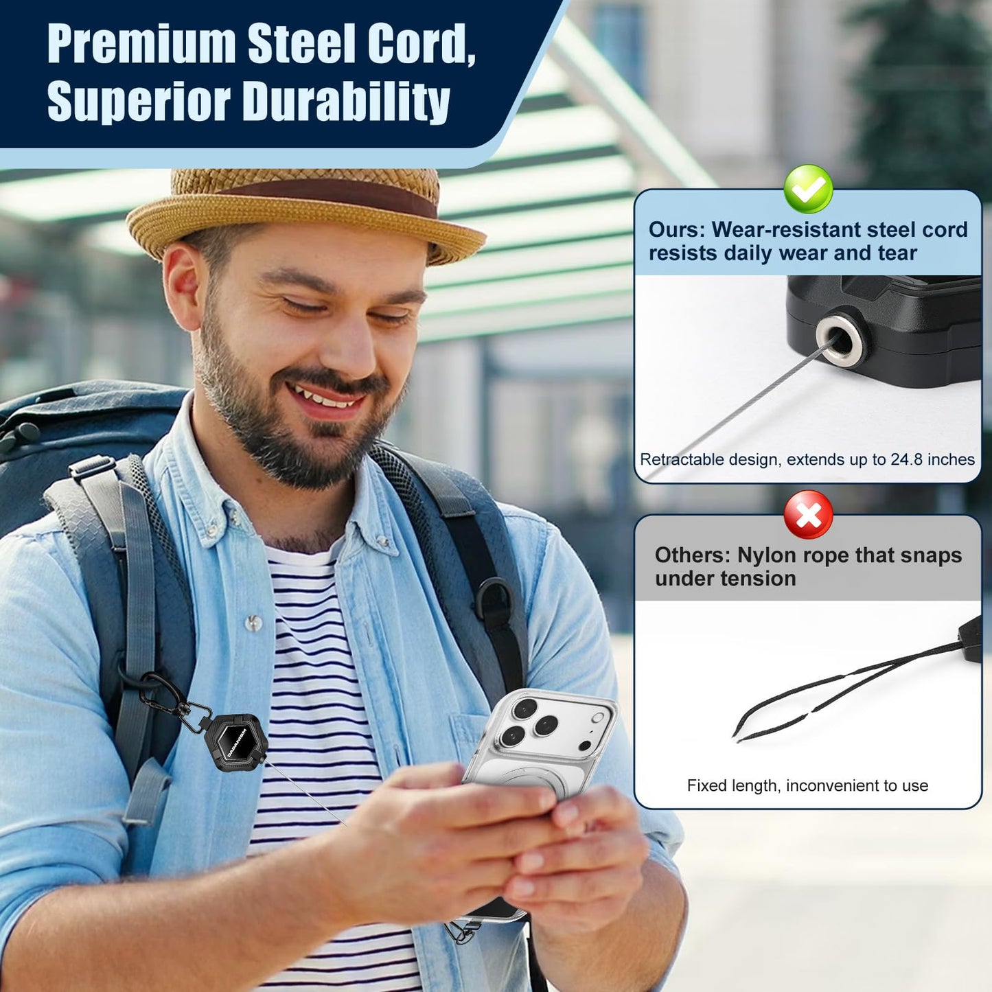 Dadanism Anti-Theft Phone Tether, Universal Phone Lanyard Retractable Steel Line Cell Phone Strap with Heavy-Duty Carabiner & 360° Rotatable Metal Tab