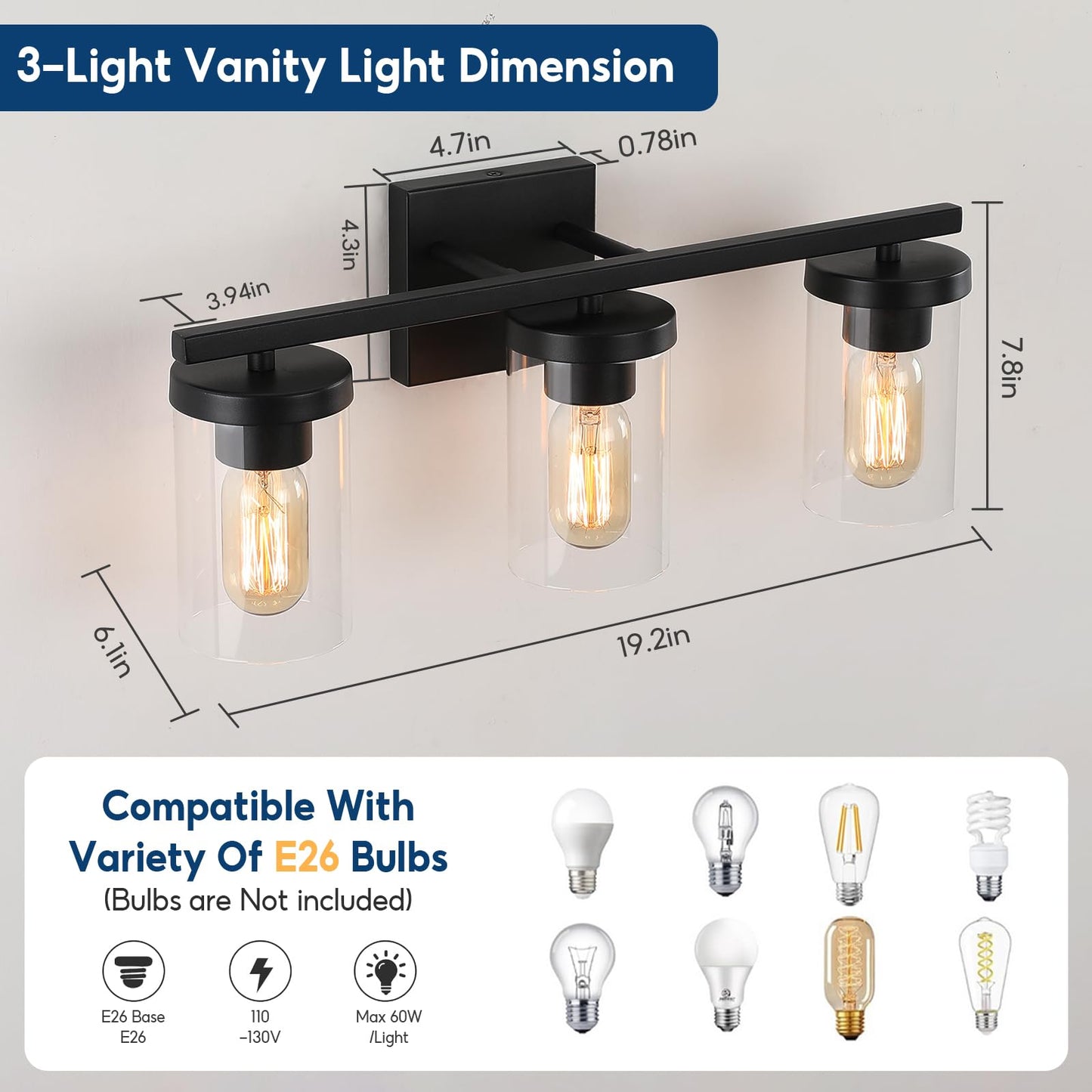 Kiloeye 20in Bathroom Light Fixture Over Mirror, 3-Light Matte Black Vanity Lights with Clear Glass Shades, Modern Wall Sconces for Living Room