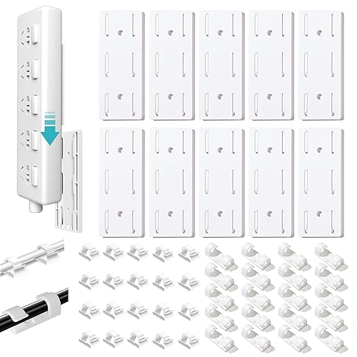 Adhesive Punch-Free Socket Holder, 10Pcs Power Stirp Holder and 40Pcs Cable Clips Kit, Self-Adhesive Power Strip Holder Wall Mount-Space-Saving
