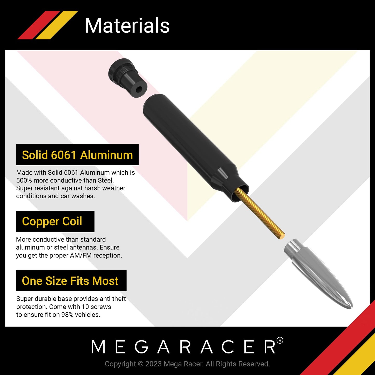 Mega Racer Universal 50 Cal Bullet Antenna for Truck Car SUV - 5.5 Inch Silver Black, AM/FM, 6061 Solid Aluminum, Car Wash Safe, Antenna Replacement