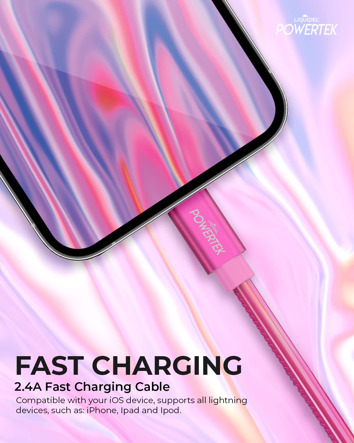 LIQUIPEL Powertek iPhone Charger Cable, 6 ft Fast Charging Lightning to USB Cord Adapter, Compatible for iPad, MFI Certified, Metallic Shine (Hot…