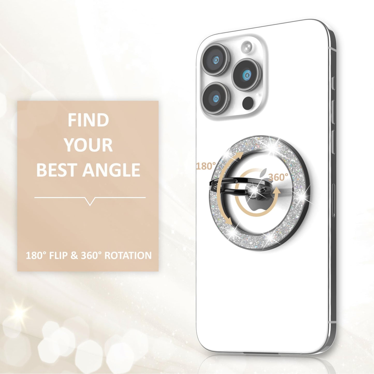 Pikabo Magnetic Phone Ring Holder for MagSafe, Glitter Phone Grip Stand with 360° Rotation Finger Ring Kickstand Compatible with iPhone MagSafe
