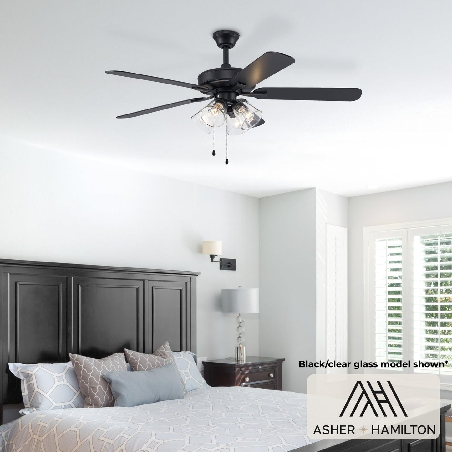 Asher Hamilton AHF-214BKFR Brookhaven 52 Inch Ceiling Fan | 5 Reversible Black/Walnut Blades | 4 Light Frosted Glass Shades E26 Medium Base |