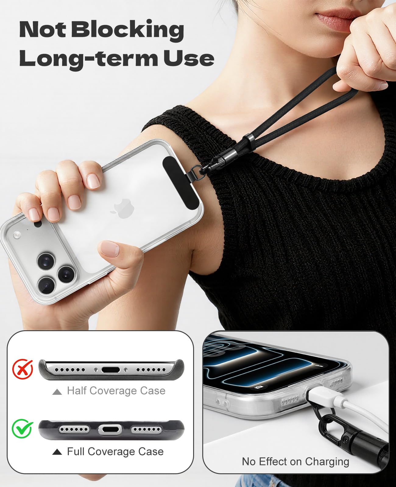 TiMOVO 3-in-1 Phone Lanyard, Detachable Phone Strap with Tether Tab, Adjustable Anti-Theft Crossbody Lanyard for Women and Men, Black