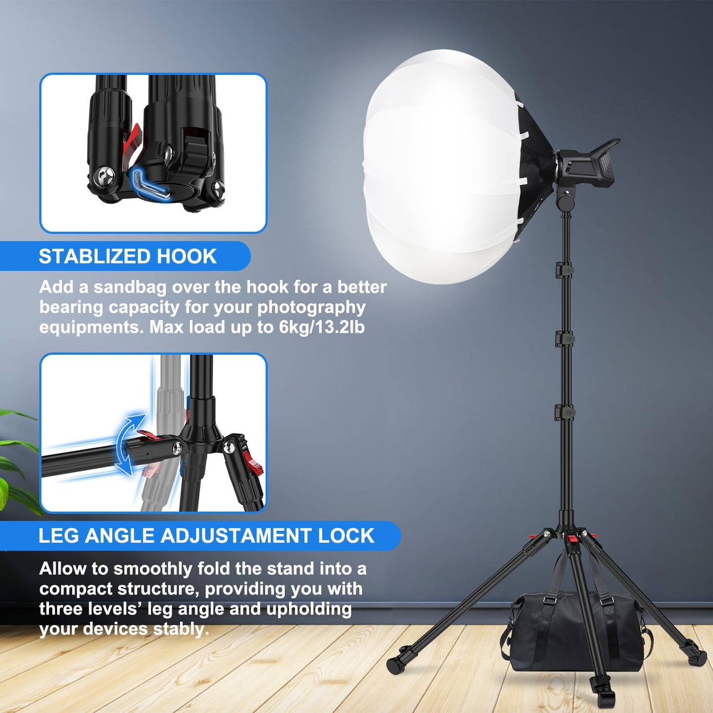Anautin Extendable Light Stand Photography, 6.6ft/2m Light Tripod Stand for Travel, 13lb/6kg Heavy Duty Studio Lighting Stand for Continue Output