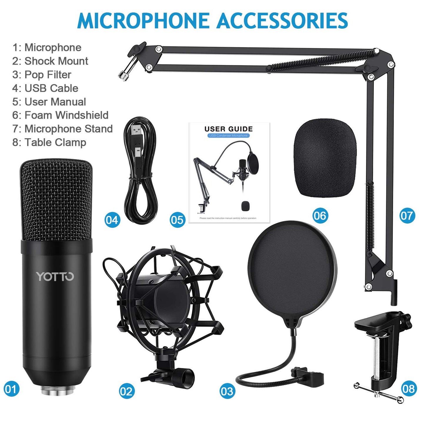 YOTTO USB Microphone Kit 192KHZ/24BIT Plug & Play Computer PC Microphone Studio Streaming Cardioid Mic with Boom Arm Shock Mount Pop Filter for