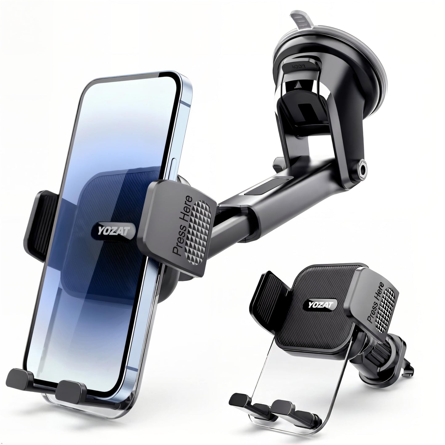 YOZAT [2026 Upgraded Military-Grade Car Phone Holder Mount - Ultra-Stable Clamp Grip, 3-in-1 Dashboard/Windshield/Air Vent, One-Button Release - Heavy