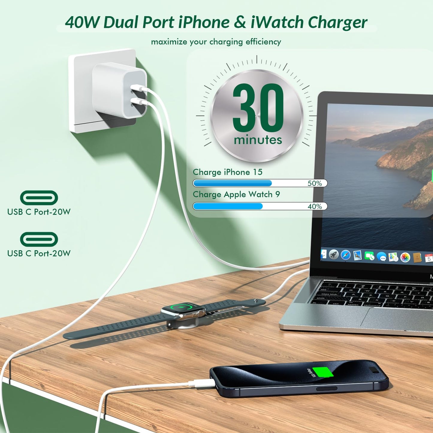 Super Fast Charger for Apple Watch & iPhone, 40W Dual USB C Port Fast Charger Adapter with 6FT Long Apple iWatch Cable and USB C to C Cord Compatible