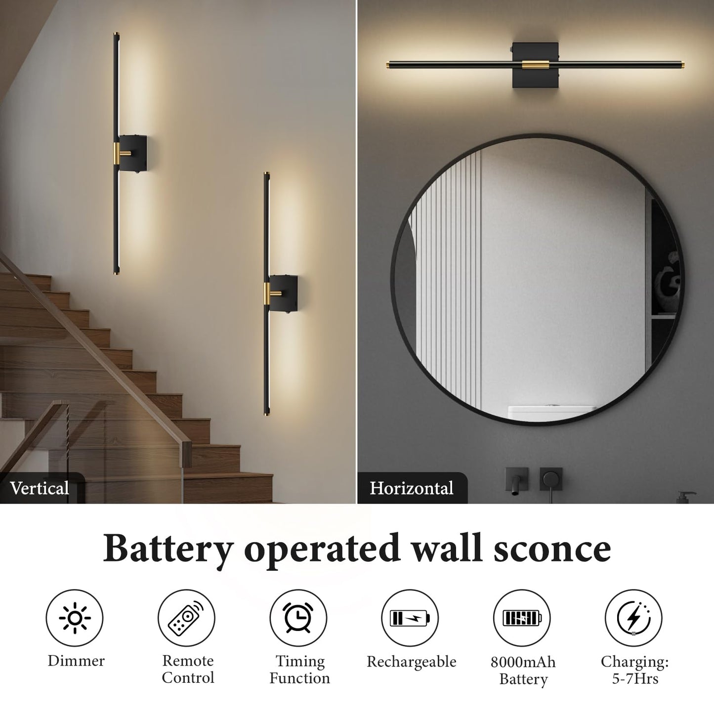 SAIMAND Wall Sconces Set of 2 Battery Operated, Wireless USB Rechargeable Wall Lights with Remote Control, 360° Rotation, 8000mAh LED Dimmable Picture