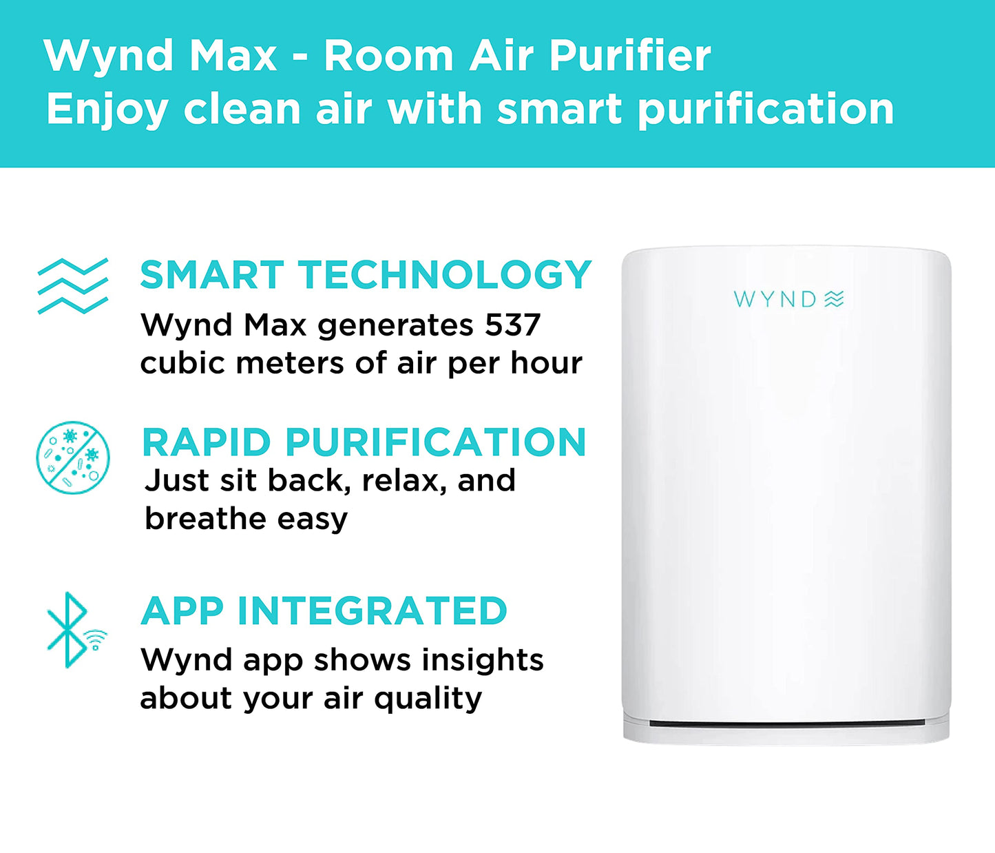 Wynd Max Home Air Purifier (Consumer Version) - App and Alexa Enabled, Smart Purification - HEPA Filter - For Home, Office, Large Spaces - 1200 sqft |