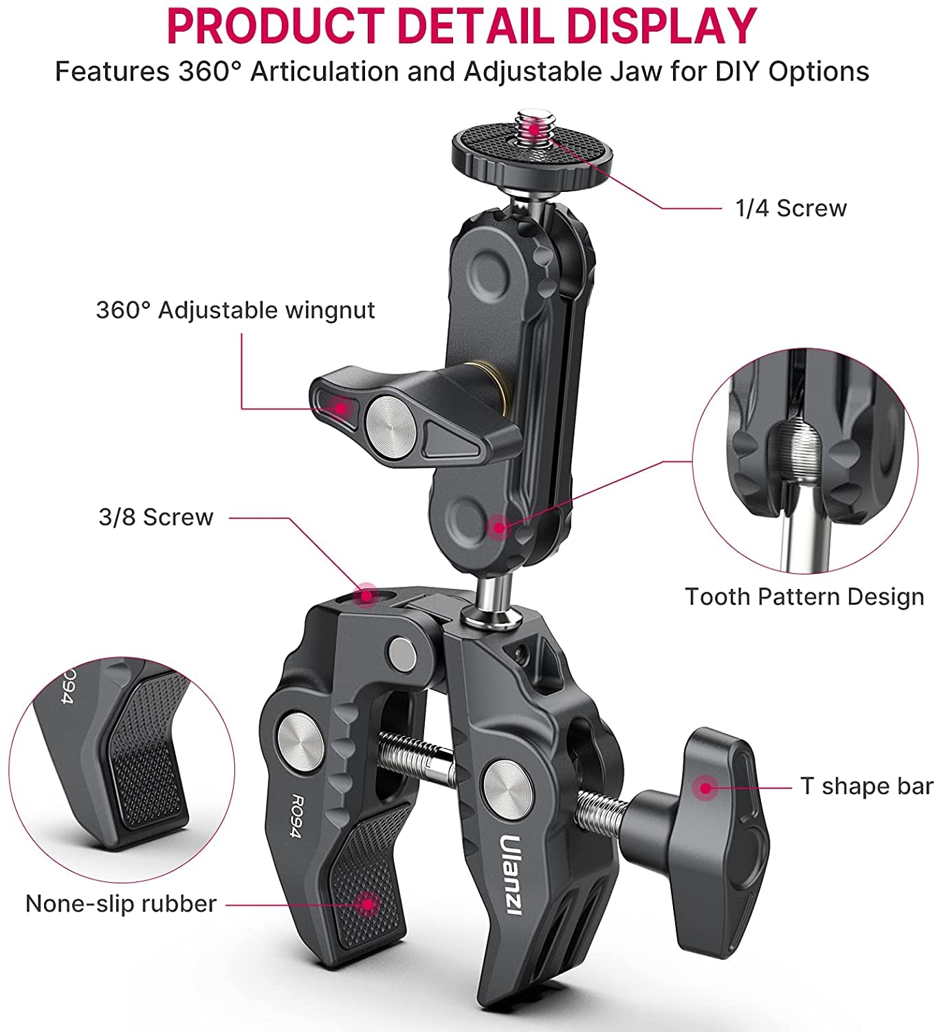 ULANZI Super Clamp Camera Clamp Mount Monitor 360° Ballhead Magic Arm Double Ball Head Adapter with 1/4"-20 & 3/8"-16 Thread ST-07 Phone Tripod Mount