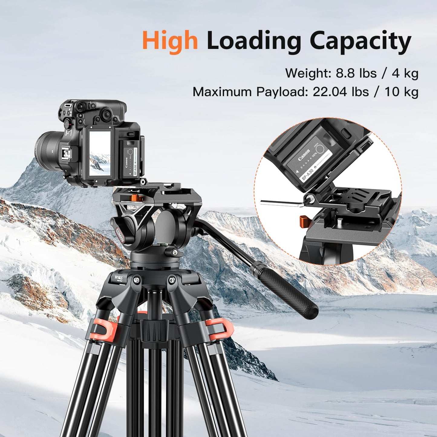 COMAN 74" Camera Tripod, Heavy Duty Video Tripod for Camera with Fluid Head and Aluminium Alloy Max Load 22.04 lbs/ 10KG for Canon Nikon DSLR